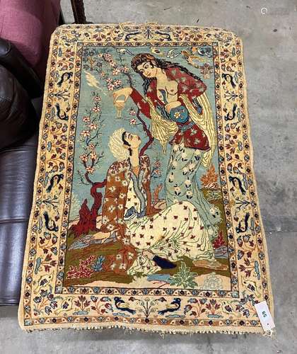 A Persian part silk pictorial rug, 100 x 68cm