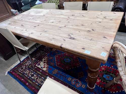 A Victorian style rectangular pine kitchen table, length 182...