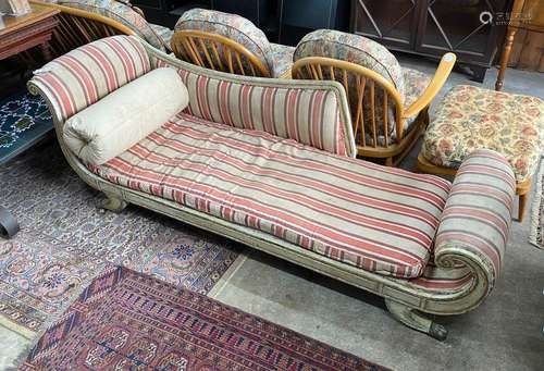 A Regency painted parcel gilt scroll end chaise longue, leng...