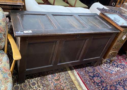 An early 18th century panelled oak coffer, length 136cm, dep...