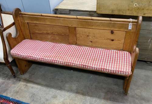 A Victorian pitch pine pew, length 152cm, depth 50cm, height...