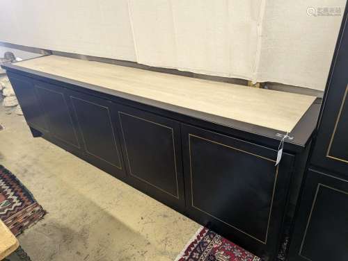 A 20th century black lacquer four door buffet with reconstit...