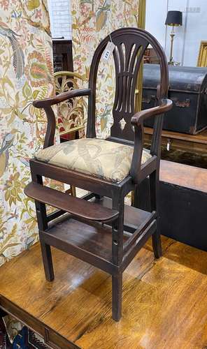 A 19th century mahogany childs chair on stand, width 94cm