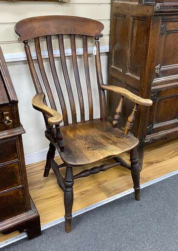 A Victorian elm and beech Windsor lathe back armchair, width...