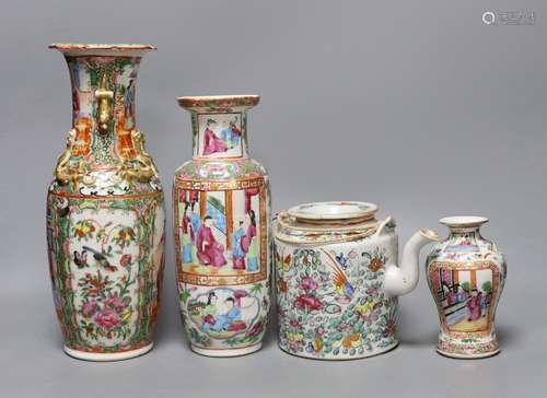 Three Chinese famille rose vases and a teapot, late 19th/ear...