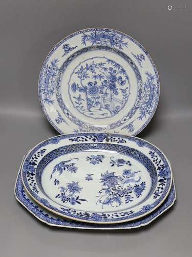 Three Chinese export blue and white dishes, 18th/19th centur...