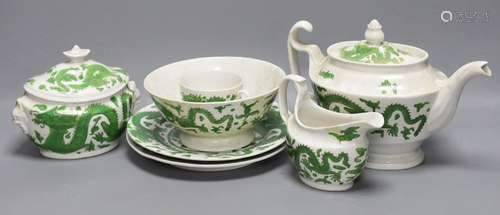 An English porcelain green dragon design part teaset, c.1820...