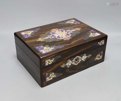 A French rosewood brass inlay and enamelled box, interior mi...