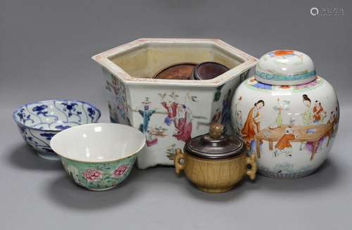 A 19th century Chinese famille rose planter, a jar and cover...