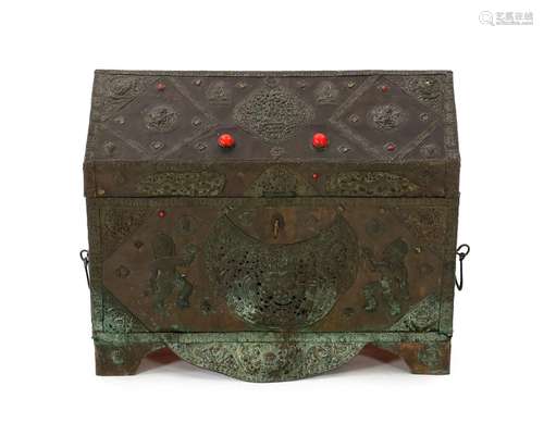 A Tibetan copper repousse-work casket, 20th century, the arc...