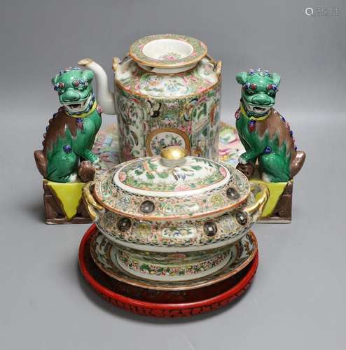 A Cantonese famille rose plate and teapot with cover, a pair...