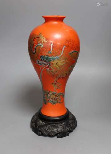 A large Chinese Fuzhou lacquer red dragon vase, dated 1956, ...