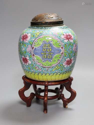 A Chinese Straits enamelled porcelain jar and cover, wood st...