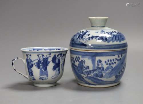 A 19th century blue and white jar with cover and a similar c...