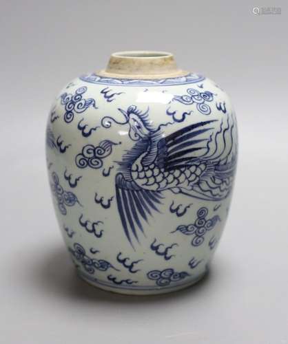 A Chinese blue and white phoenix jar, 17 cms high,