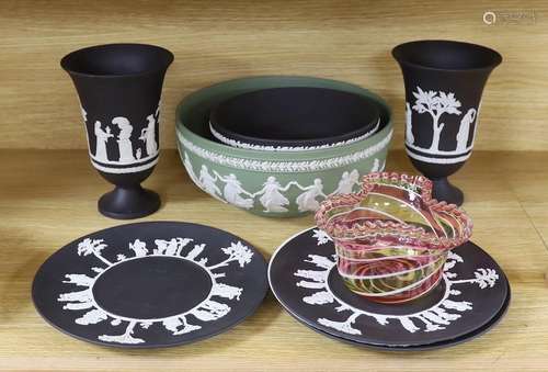 A Wedgwood black basalt pair vases, bowls, 3 plates and gree...