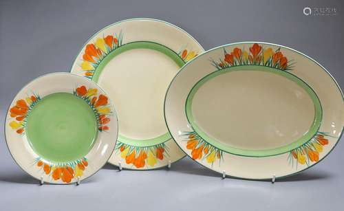 Clarice Cliff Sungleam, three crocus pattern plates,