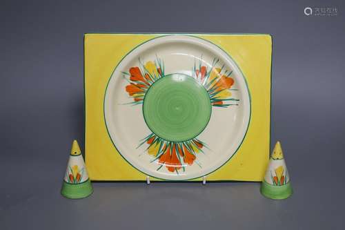 Clarice Cliff Sungleam Crocus, salt and pepper pots. trenche...