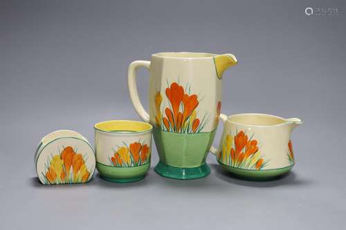 Two Clarice cliff “Sungleam”, crocus jugs and two pots, (4)t...