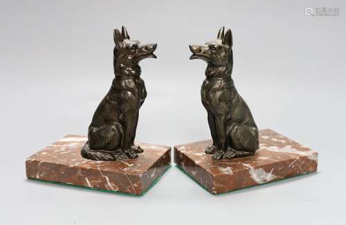 A pair of Art Deco spelter Alsatian book-ends,16 cms high,