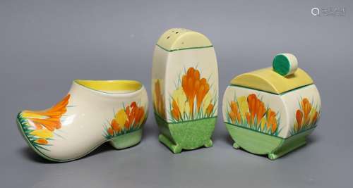 A Clarice Cliff sungleam crocus, jam pot and cover, a sugar ...