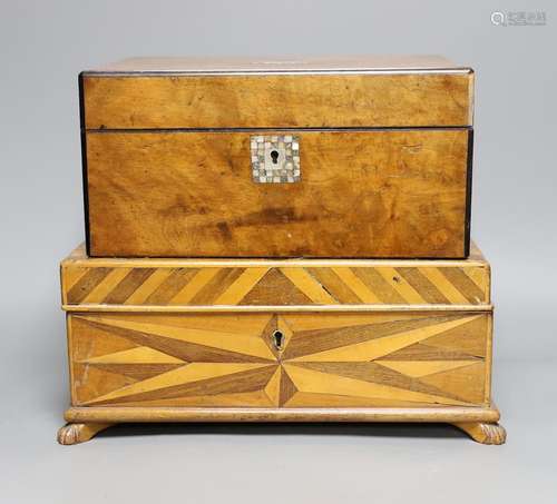 A parquetry inlaid box and a walnut mother of pearl inlaid s...