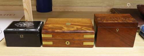 A Victorian mahogany brass bound sewing box, a mother of pea...