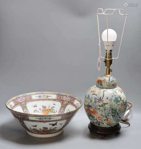 A Chinese famille verte vase converted into a lamp decorated...