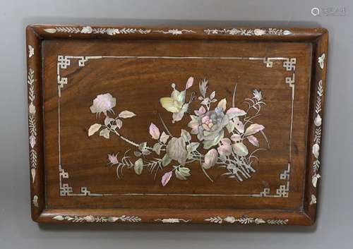 A Chinese mother of pearl inlaid oak tray with bordered deco...