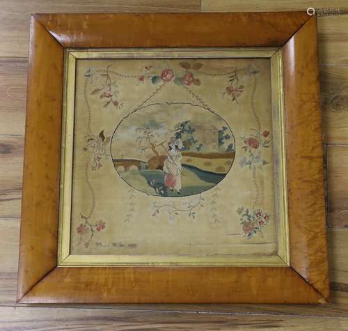 A maple framed George III silk panel of lady in harvest by M...