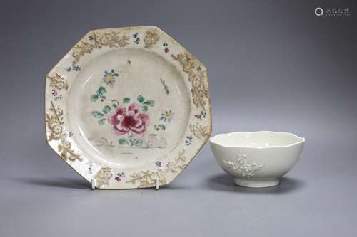 An 18th century Bow white glazed ‘prunus’ bowl, and a Bow oc...