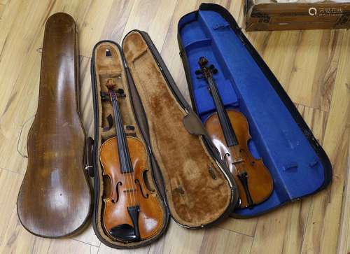 Two cased three quarter size violins, one labelled the Londo...