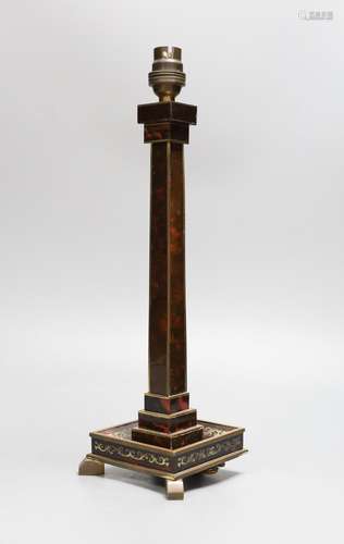 A Boulle work electric table lamp base, 32 cms high,