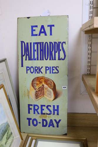 ‘Eat Palethorpes pork pies’ enamel advertising sign, 90cms h...