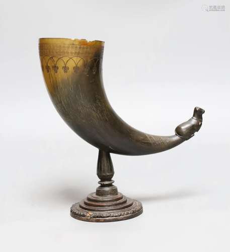 A Persian horn rhyton, 19th century or earlier, with horn st...