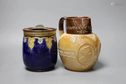 A Doulton Lambeth stoneware tobacco jar and a Queen Victoria...