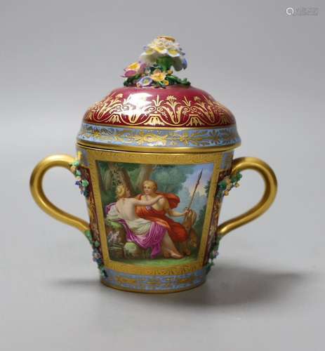 A Vienna style two handled porcelain chocolate cup and cover...