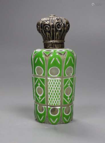 A Victorian silver mounted green and white overlaid glass sc...