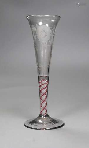 A red and white air twist Jacobite flute, 18th century,19cms...