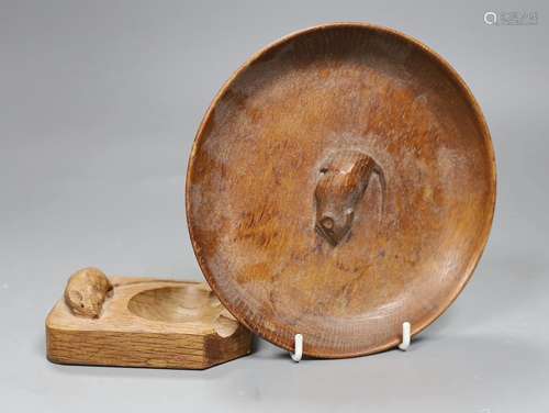 A Mouseman oak pin dish and a similar ashtray,dish 17cms dia...