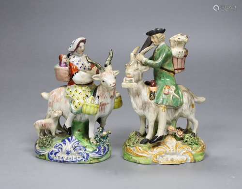 A near pair of pearlware groups Tailor and his wife, c.1820,...