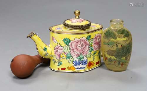 A Canton enamel miniature teapot and a snuff bottle, togethe...