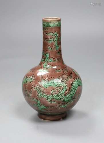 A Chinese aubergine and green glazed dragon bottle vase, 14c...