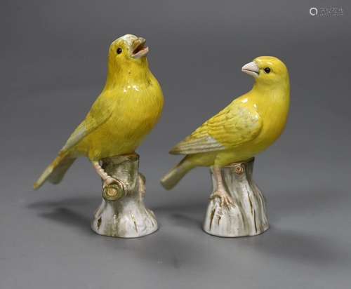 A pair of Meissen figures of canaries, 10cm tall