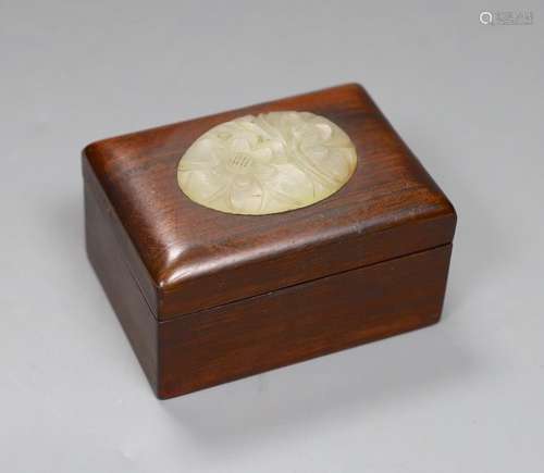 A Chinese hardwood and bowenite jade mounted box,9.5cms wide...