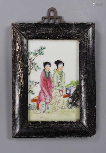 A Chinese famille rose plaque, framed,13cms high x 8.5cms wi...