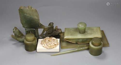 A Chinese bowenite jade desk set (7) and a plaque,model of j...