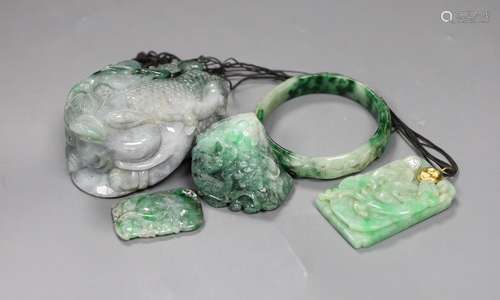 A group of five Chinese jadeite carvings, including two pend...