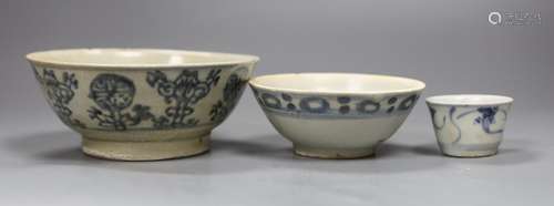 Three Chinese Tek Sing blue and white bowls and a kitchen bo...