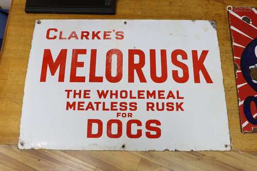 Enamel advertising sign ‘Clarke’s Melorusk, The Wholemeal Me...